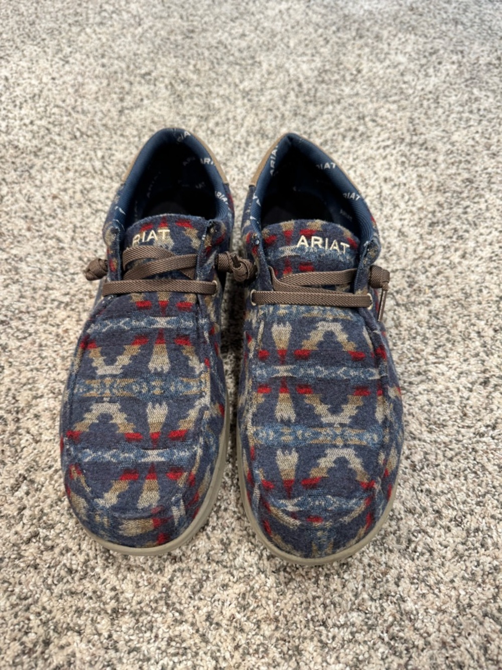 Ariat Navy Patterned Slip-On Loafers with Red and Tan Accents
